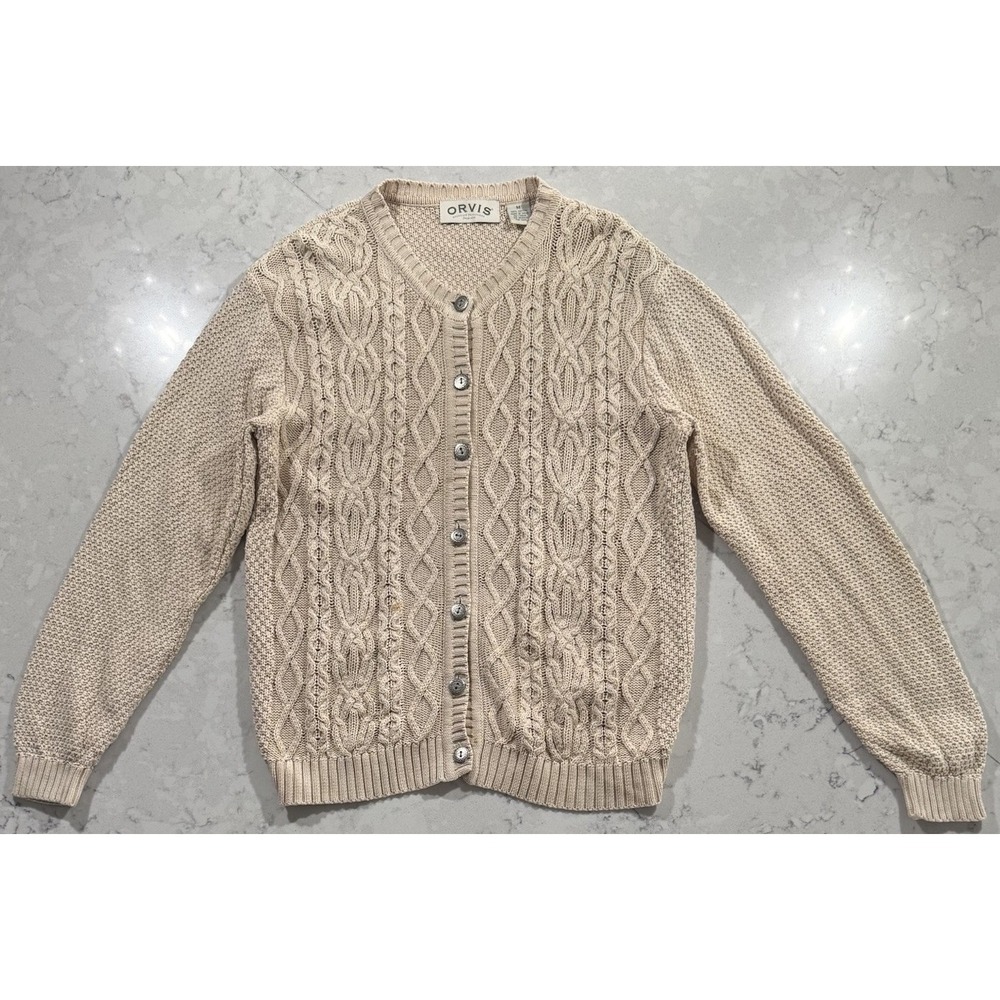 Orvis Vintage 90s Cardigan Sweater Womens Medium Beige Cable Knit Cotton 95-2078